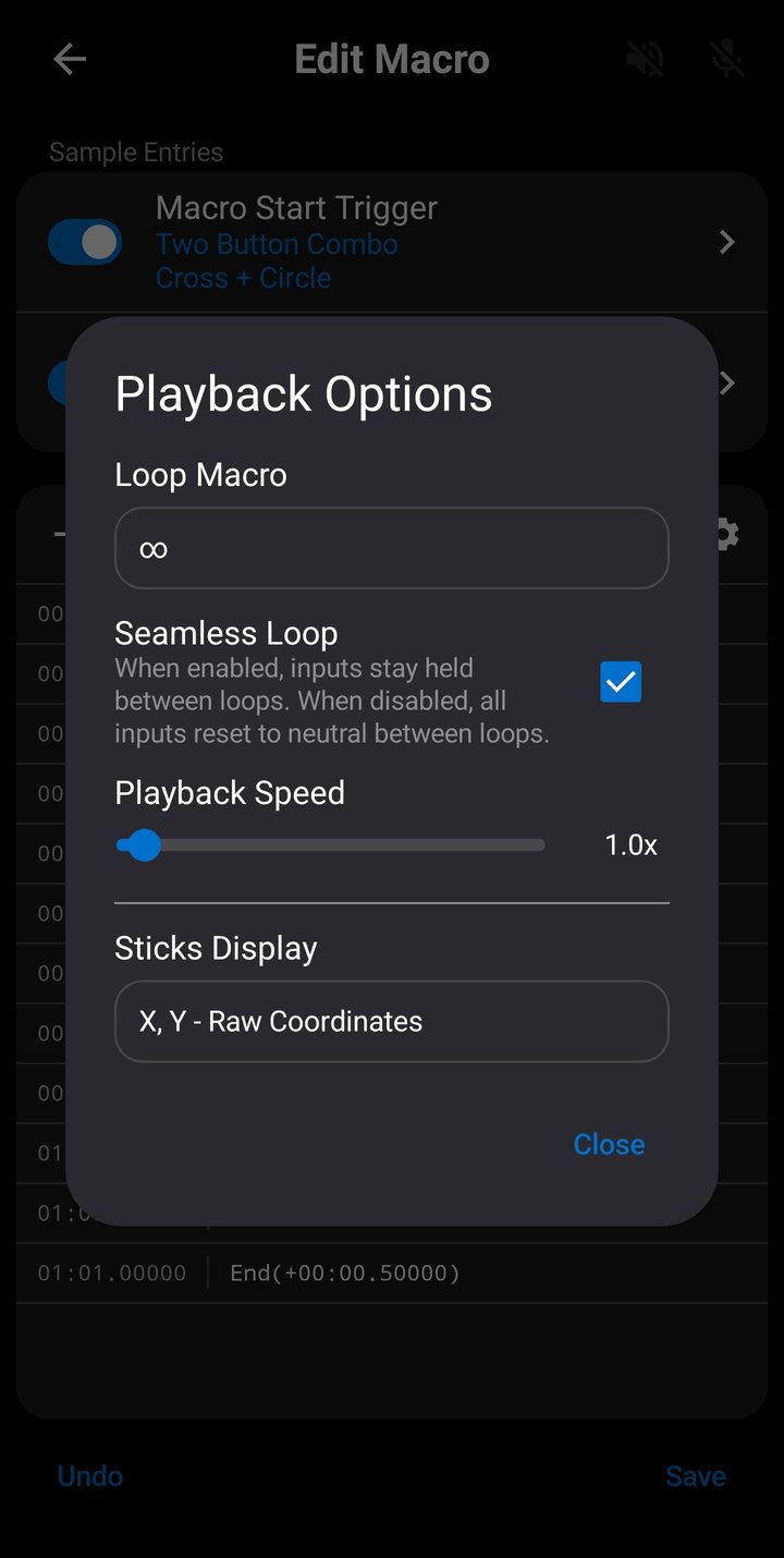 Playback Options dialog in Macro Editor