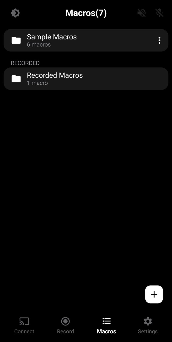 Macros Screen showing folder list view with user folders and Recorded Macros folder