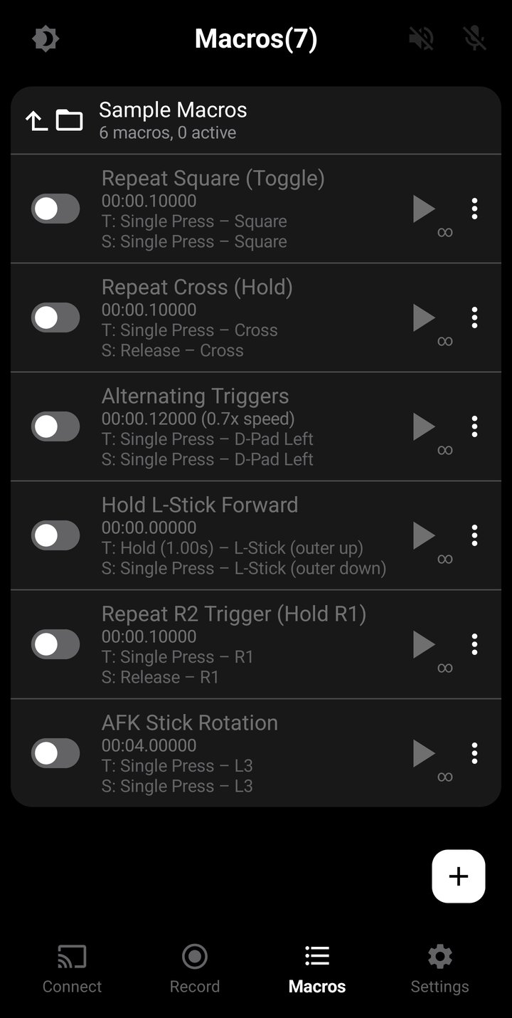 Macro list inside a folder showing macro rows with triggers, duration, and active toggles