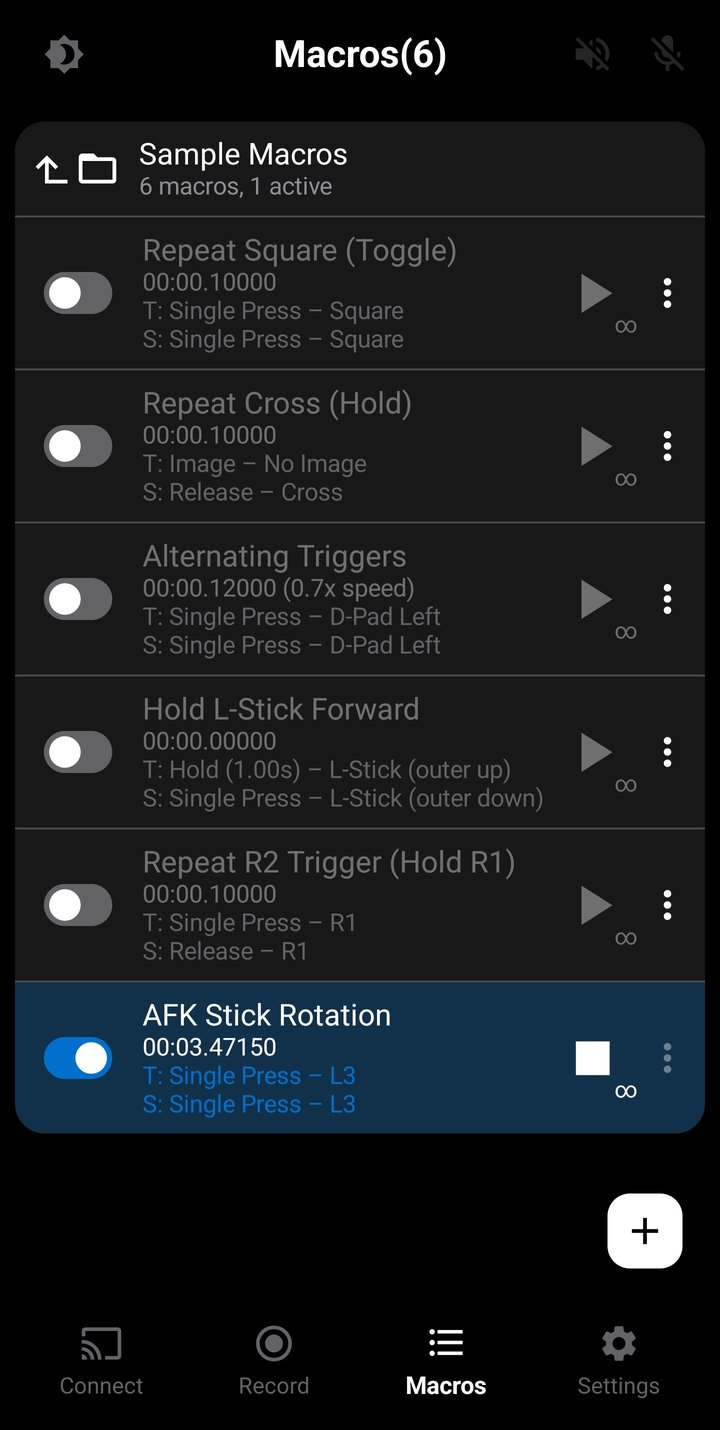 Macros list with one macro activated and playing — its row highlighted with the active toggle on and a stop button — while the other macros stay inactive
