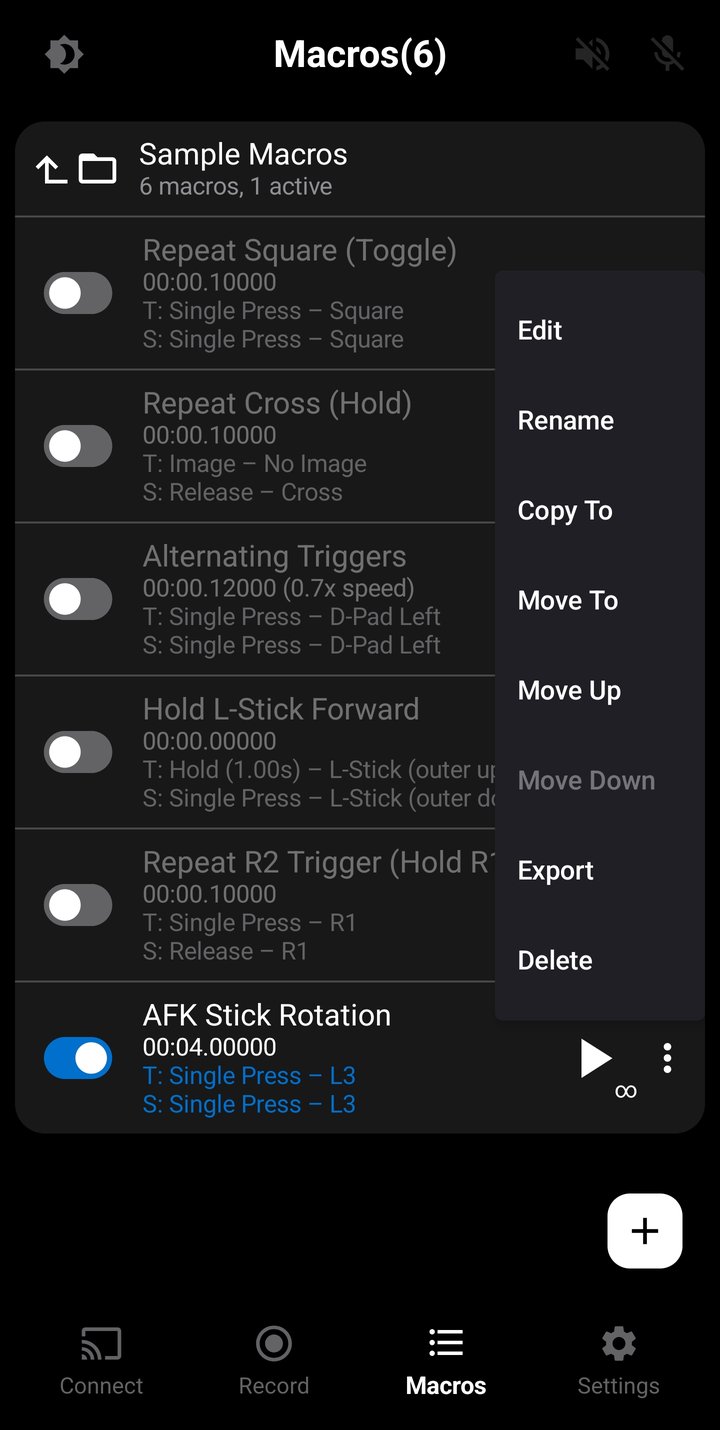Macro 3-dot menu showing Edit, Rename, Copy To, Move To, Export, and Delete actions