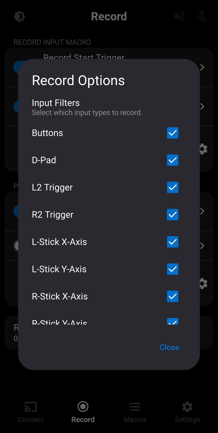 Recording Options showing input filters