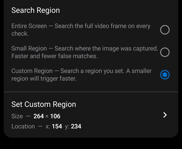 Search Region setting with Custom Region selected, showing the Entire Screen, Small Region, and Custom Region options and the Set Custom Region row with its size and location