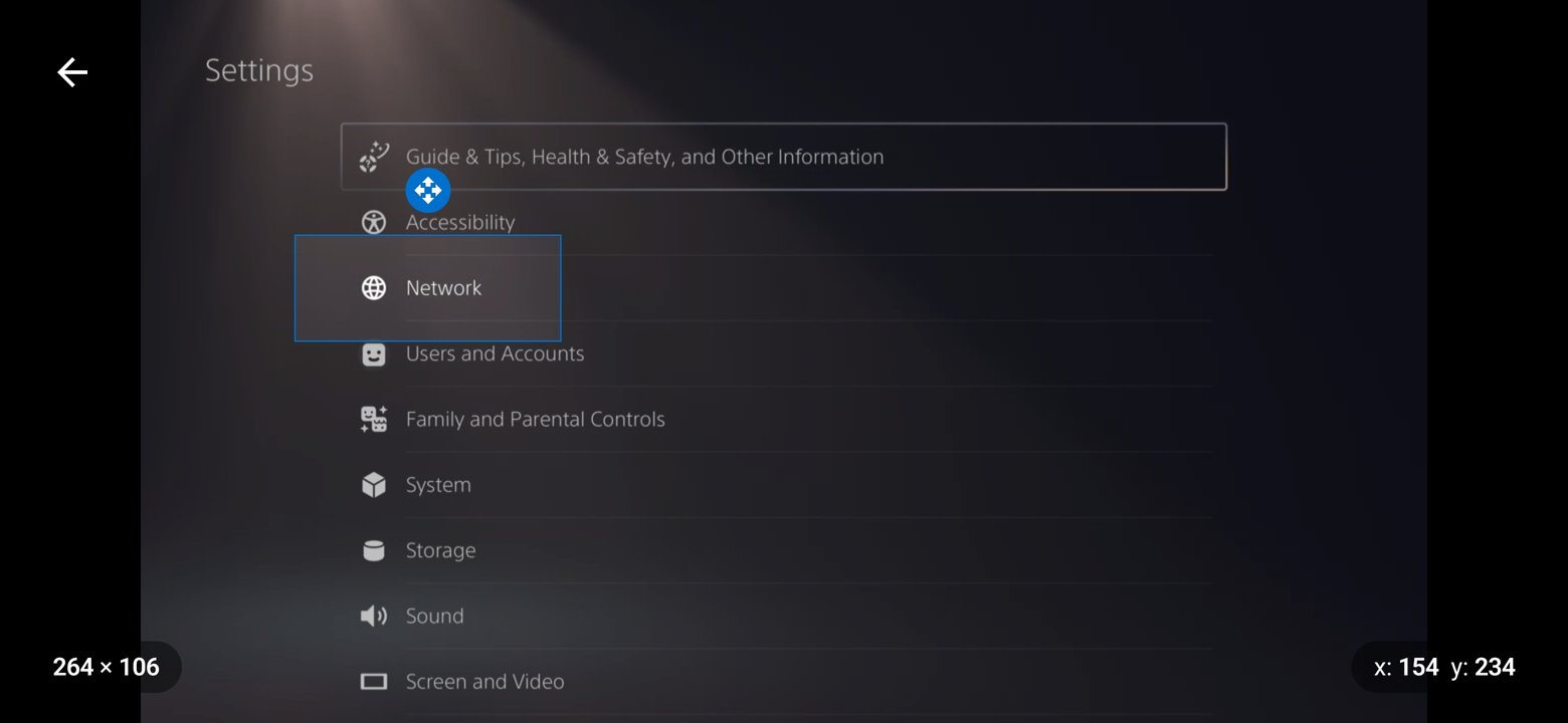 Custom search region editor in landscape, showing the live console video with a blue resizable region rectangle, a move handle, and the region's dimensions and position