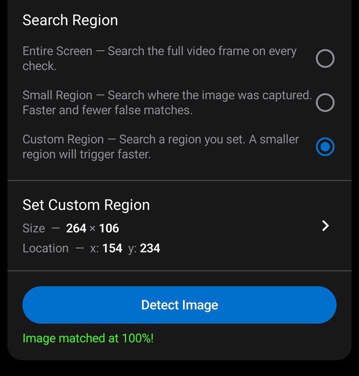 Test Image Trigger Search Region with Custom Region selected, the Set Custom Region row, and the Detect Image button showing a successful match