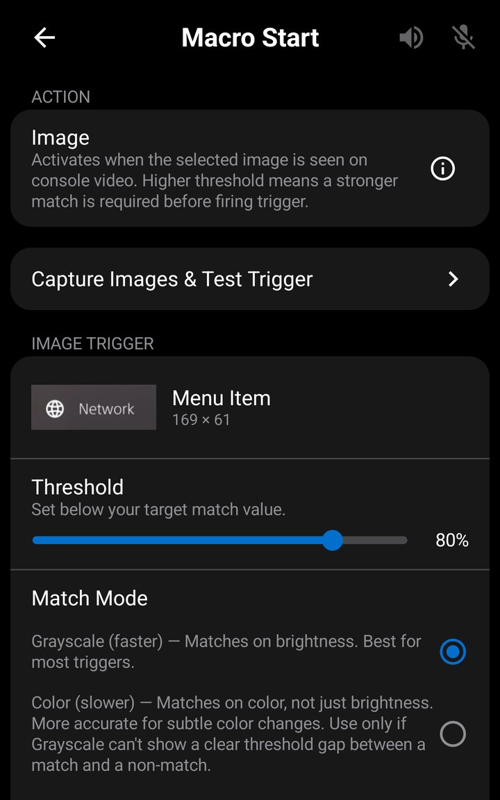 Trigger Configuration screen with Image action selected, showing the image, threshold, and match mode settings